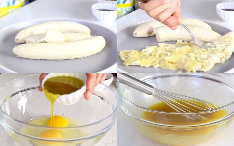 Sơ chế chuối và trộn hỗn hợp trứng, dầu olive,..