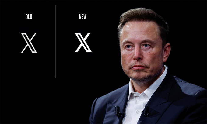 Elon Musk cung logo X cũ (trái) và logo mới xuất hiện thời gian ngắn trước khi bị gỡ. Ảnh: ScreenTime/Reuters