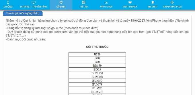 Thông báo thay đổi gói cước trên website Vinaphone. Ảnh chụp màn hình